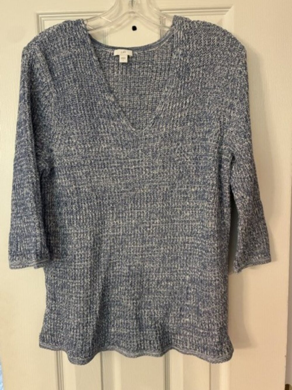 Women's J Jill Blue Heather Knit Cotton Blend 3/4 sleeves V Neck Sweater Size L